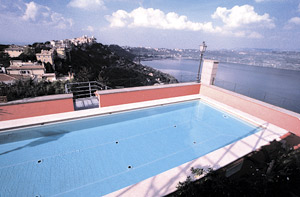 Rooftop pool, overlooking the crater-lake and town